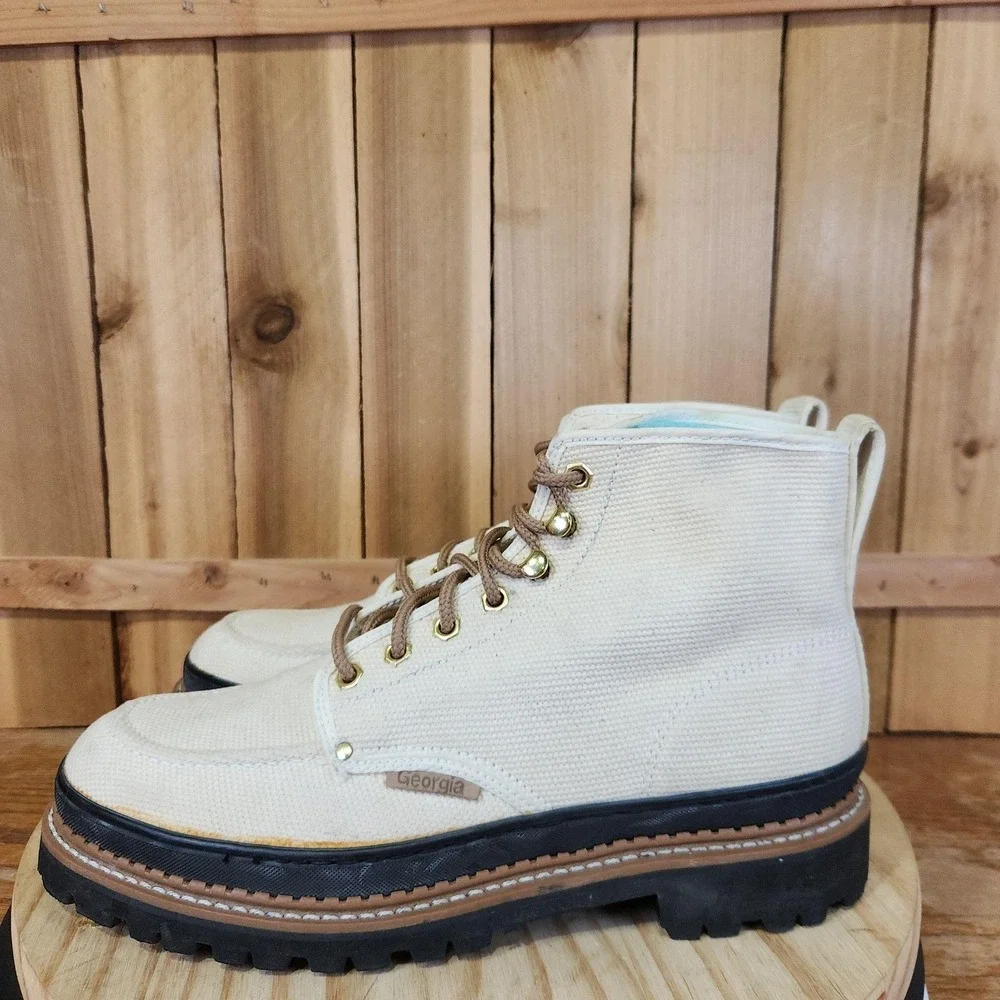 Vintage Georgia Work Combat Boots Mens 11 Beige Canvas Steel Toe Oil Resistant